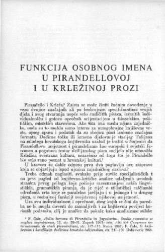 Funkcija osobnog imena u Pirandellovoj i u Krležinoj prozi / F. Čale
