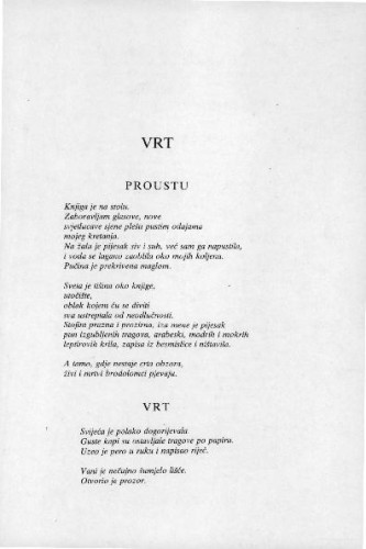 Vrt (Proustu; Vrt; Molitva na kapucinskim stubama; Pjesnikov grob II; Pismo Proustu) / Milana Vuković-Runjić