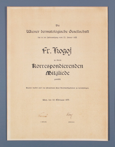 Povelja dopisnog člana Bečkog dermatološkog društva Franji Kogoju