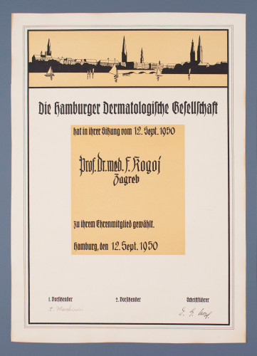 Povelja počasnog člana Hamburškog dermatološkog društva  prof. dr. Franji Kogoju