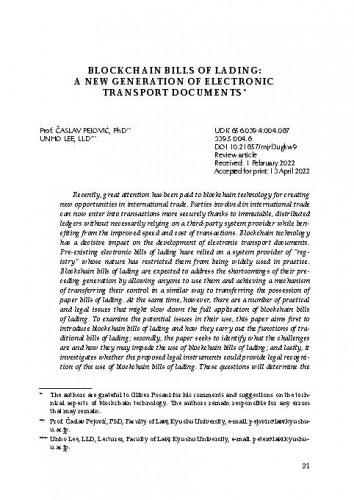 Blockchain Bills of Lading: A New Generation of Electronic Transport Documents / Časlav Pejović, Unho Lee