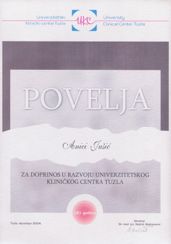 Povelja Univerzitetskog kliničkog centra Tuzla Anici Jušić 