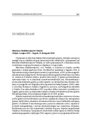 Miroslava Hadžihusejnović Valašek (Osijek, 4. rujna 1935. – Zagreb, 21. listopada 2025)
 : in memoriam / Naila Ceribašić