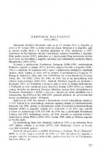 Krešimir Balenović (1914.-2003.) : [in memoriam] / Nenad Trinajstić