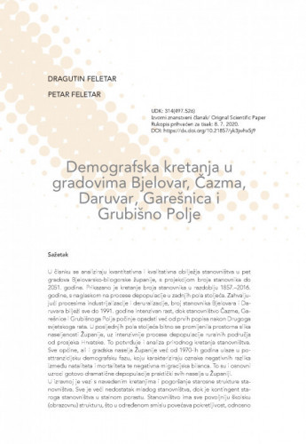 Demografska kretanja u gradovima Bjelovar, Čazma, Daruvar, Garešnica i Grubišno Polje / Dragutin Feletar, Petar Feletar
