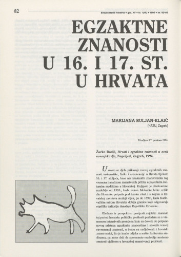 Egzaktne znanosti u 16. i 17. st. u Hrvata : [prikaz] / Marijana Buljan-Klaić