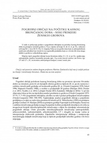Pogrebni običaji na početku kasnog brončanog doba – neki primjeri ženskih grobova / Daria Ložnjak Dizdar, Petra Rajić Šikanjić