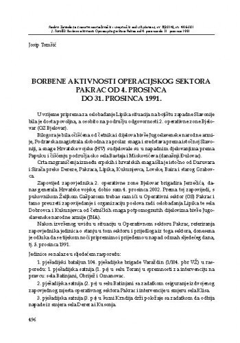 Borbene aktivnosti Operacijskog sektora Pakrac od 4. prosinca do 31. prosinca 1991 : [priopćenje] / Josip Tomšić