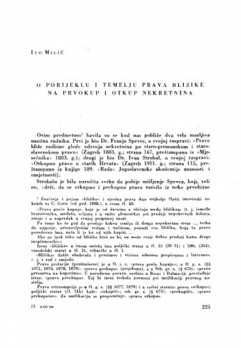 O porijeklu i temelju prava bližike na prvokup i otkup nekretnina / I. Milić