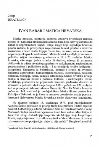 Ivan Rabar i Matica hrvatska / Josip Bratulić