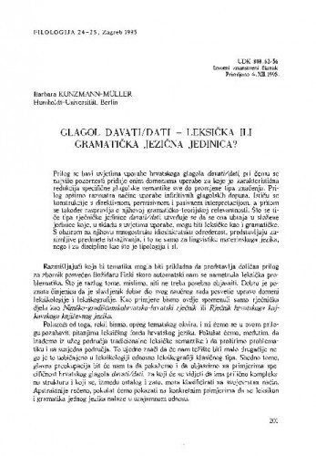 Glagol davati / dati - leksička ili gramatička jezična jedinica? / Barbara Kunzmann-Müller