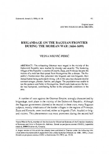 Brigandage on the Ragusan frontier during the Morean War (1684-1699) / Vesna Miović-Perić