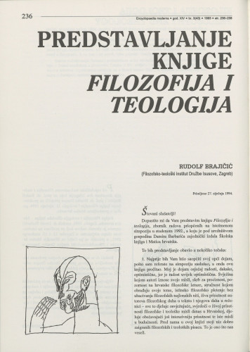 Predstavljanje knjige Filozofija i teologija / Rudolf Brajičić