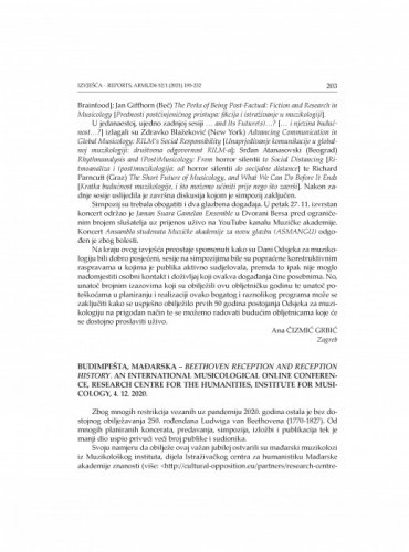 Budimpešta, Mađarska - Beethoven  Reception  and Reception  History. An International Musicological Online Conference, Research Centre for the Humanities, Institute for Musicology, 4. 12. 2020. : [izvješće] / Vjera Katalinić