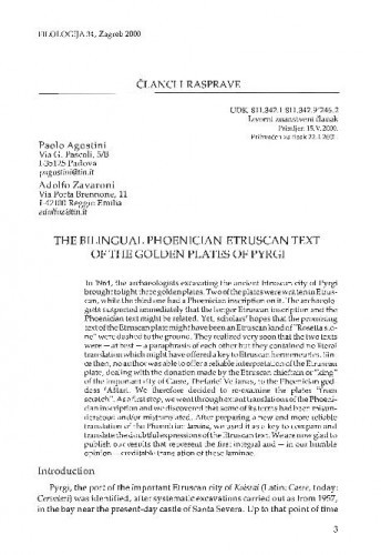 The bilingual Phoenician-Etruscan text of the golden platen of Pyrgi / Paolo Agostini, Adolfo Zavaroni