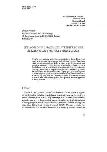 Jezikoslovno nazivlje u Tesniereovim Éléments de sintaxe structurale / Ivana Franić