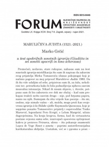 Marulićeva Judita (1521.-2021.) : u šest apokrifnih sonetnih igrarija (Guiditta in sei sonetti apocrifi in tono schezoso) / Marko Grčić