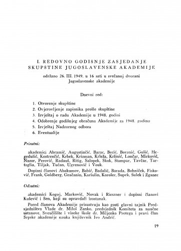 I. redovno godišnje zasjedanje skupštine Jugoslavenske akademije : održano 26. III. 1949.