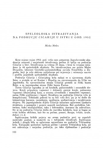 Speleološka istraživanja na području Ćićarije u Istri u god. 1952. / M. Malez
