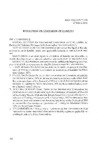 Resolution on limitation of liability = Rezolucija o ograničenju odgovornosti / prijevod: Dorotea Ćorić