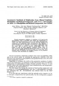 Asymmetric synthesis of sulphoxides from alkenyl sulphides, disulphides and related compounds, with (1S)-(+)-percamphoric acid. Gem-disulphides and related compounds, part XXIII / A. Deljac, R. Purkayastha, M. Popović-Tkalčić, M. Novak, J. Blažević, K. Balenović