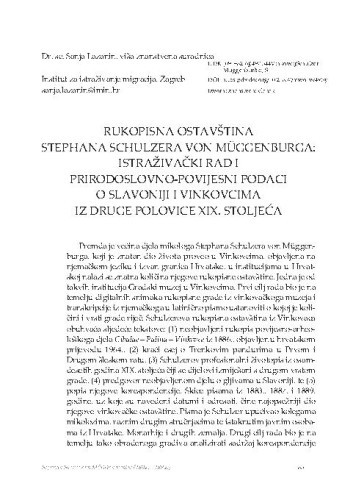Rukopisna ostavština Stephana Schulzera von Müggenburga: istraživački rad i prirodoslovno-povijesni podaci o Slavoniji i Vinkovcima iz druge polovice XIX. stoljeća / Sanja Lazanin