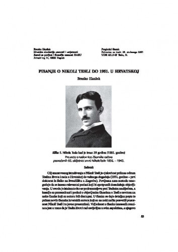Pisanje o Nikoli Tesli do 1951. u Hrvatskoj / Branko Hanžek