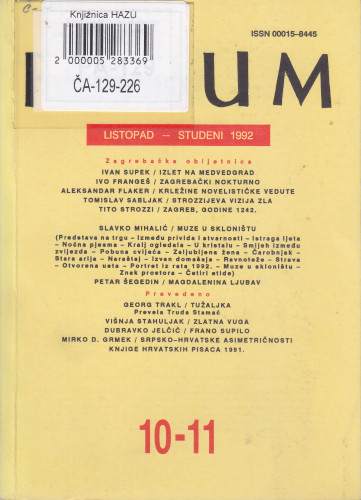 God. 31(1992), knj. 64, br. 10-11 (listopad/studeni) / glavni i odgovorni urednik Slavko Mihalić ; urednik Dubravko Jelčić