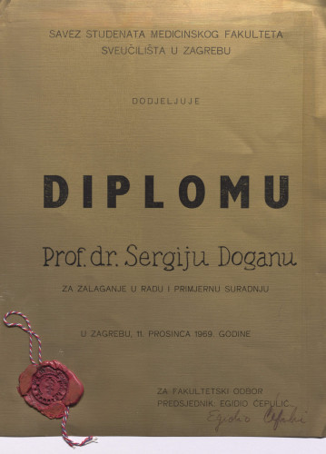 Diploma Saveza studenata Medicinskog fakulteta Sveučilišta u Zagrebu prof. dr. Sergiju Doganu 