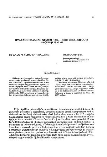 Hvaranin Damjan Nembri (1584. - oko 1648.) i njegovi večernji psalmi / Dragan Plamenac