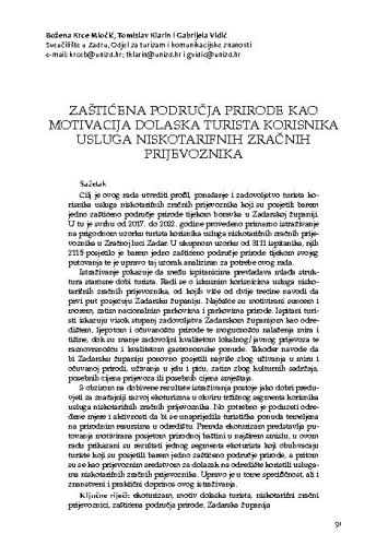 Zaštićena područja prirode kao motivacija dolaska turista korisnika usluga niskotarifnih zračnih prijevoznika / Božena Krce Miočić, Tomislav Klarin, Gabrijela Vidić