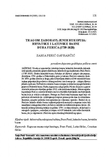 Tragom zaboravljenih rukopisa: hrvatske i latinske basne Đura Ferića (1739-1820) / Sanja Perić Gavrančić