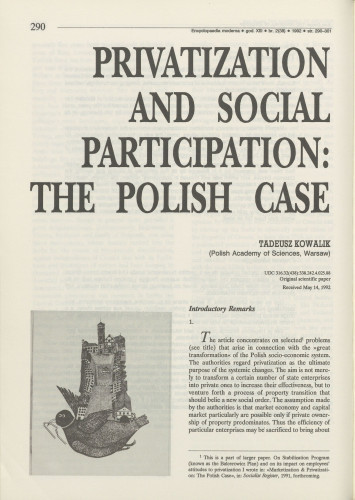 Privatization and social participation : the Polish case / Tadeusz Kowalik