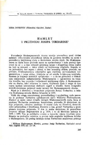 Hamlet u prijevodu Josipa Torbarine : [prikaz] / Mira Janković
