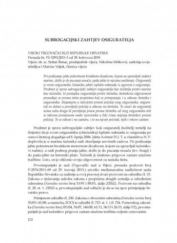 Subrogacijski zahtjev osiguratelja (Visoki trgovački sud Republike Hrvatske, presuda br. Pž-5293/2015-3 od 29. kolovoza 2019.) : [prikaz] / Vesna Skorupan Wolff, Adriana Vincenca Padovan