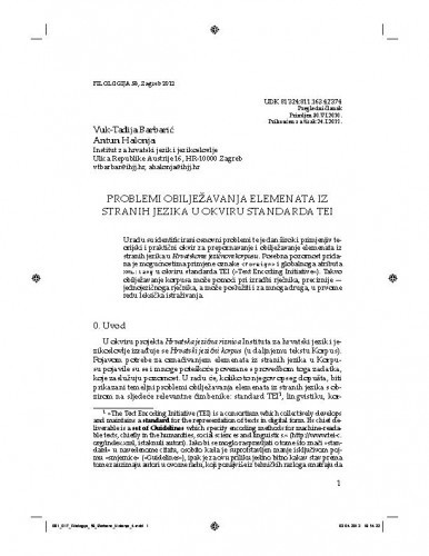 Problemi obilježavanja elemenata iz stranih jezika u okviru standarda TEI / Vuk-Tadija Barbarić, Antun Halonja
