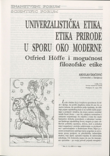 Univerzalistička etika, etika prirode u sporu oko moderne : Otfried Höffe i mogućnost filozofske etike / Abdulah Šarčević