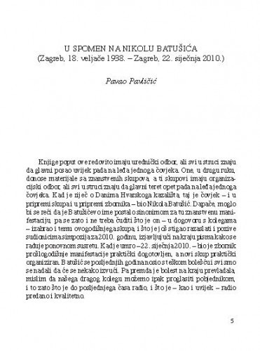 U spomen na Nikolu Batušića : (Zagreb, 18. veljače 1938. - Zagreb, 22. siječnja 2010.) / Pavao Pavličić