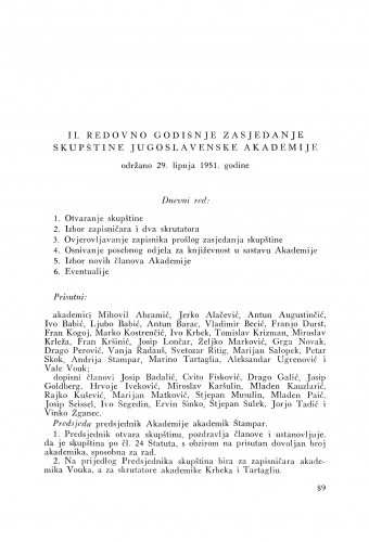II. redovno godišnje zasjedanje skupštine Jugoslavenske akademije održano 29. lipnja 1951. godine