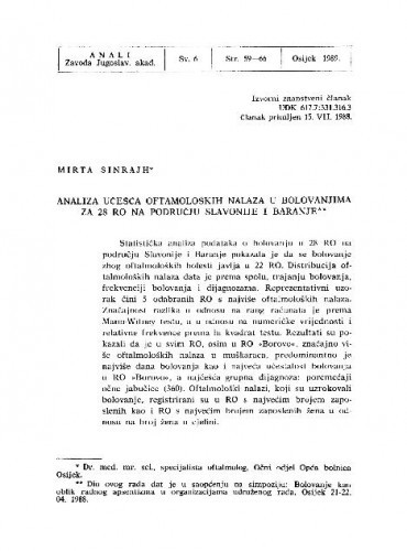 Analiza učešća oftamoloških nalaza u bolovanjima za 28 RO na području Slavonije i Baranje / Mirta Sinrajh