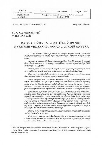 Rad skupštine Virovitičke županije u vrijeme velikog župana J. J. Strossmayera / Tunjica Petrašević, Miro Gardaš