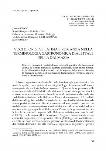 Voci di origine latina e romanza nella terminologia gastronomica dialettale della Dalmazia / Jasna Gačić