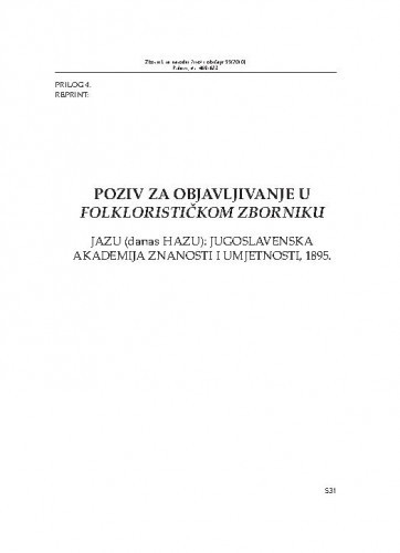 Poziv za objavljivanje u Folklorističkom zborniku : JAZU (danas HAZU): Jugoslavenska akademija znanosti i umjetnosti, 1895.