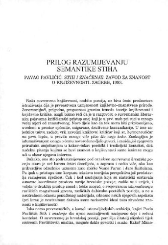 Prilog razumijevanju semantike stiha : Pavao Pavličić: Stih i značenje. Zavod za znanost o književnosti. Zagreb, 1993. / Hrvoje Pejaković 