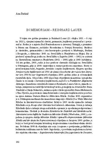 In memoriam – Reinhard Lauer / Ana Batinić