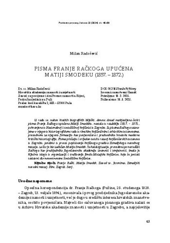 Pisma Franje Račkoga upućena Matiji Smodeku (1857. – 1872.) 