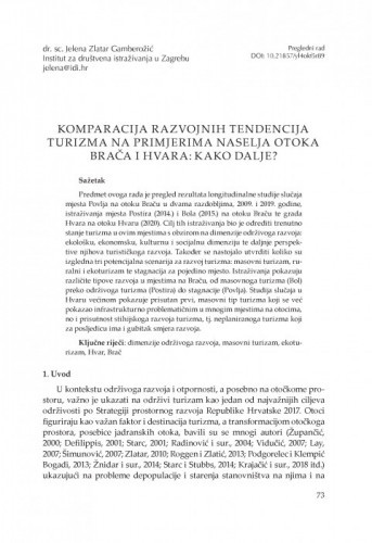 Komparacija razvojnih tendencija turizma na primjerima naselja otoka Brača i Hvara: Kako dalje? / Jelena Zlatar Gamberožić