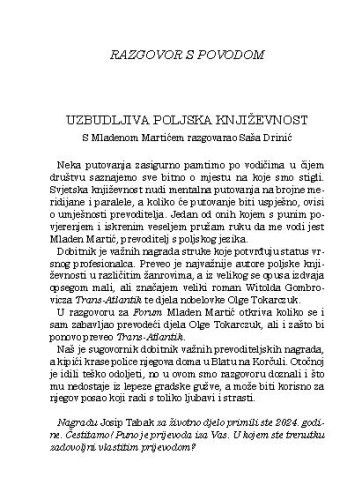 Uzbudljiva poljska književnost : razgovor s povodom / s Mladenom Martićem razgovarao Saša Drnić