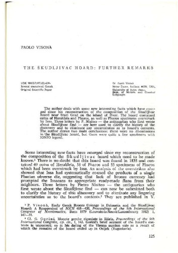 The Škudljivac hoard : further remarks / Paolo Visona