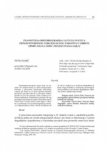 Znanstvena historiografija i licentia poetica: odnos povijesnog i fikcionalnog narativa u libretu opere Nikola Šubić Zrinjski Ivana Zajca / Petra Babić